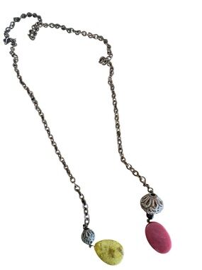 Handcrafted Red Yellow Pendant Necklace Copper Tone Chain Women Artisan Jewelry